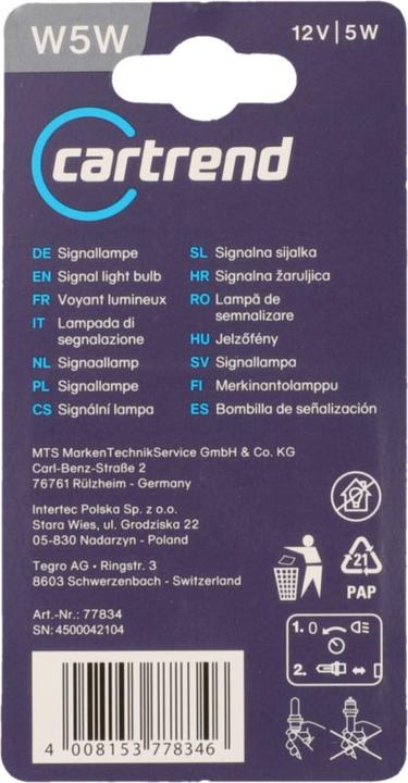 Nutritional values and ingredients Unitec Standard illuminant (W5W)