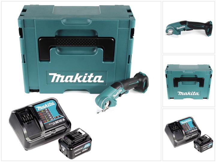 1x Makita CP 100 DZ 10,8 V ciseaux universels sans fil, 1x Makpac 2 avec insert, 1x batterie 4,0 Ah, 1x chargeur
