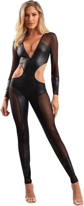 Fantasy Lingerie wetlook catsuit with hidden full zipper closure black, s/m (S)