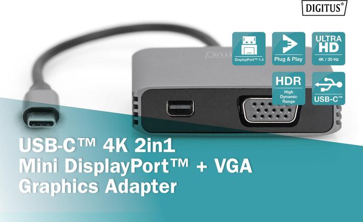 Produktbild Digitus USB-C™ 4K 2in1 Mini DisplayPort + VGA Grafik-Adapter (Mini DP, VGA, 20 cm)