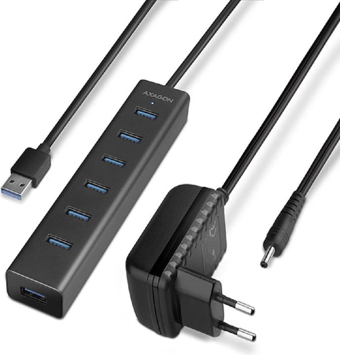 Actual product image Axagon HUE-SA7BP 7x USB3.0 ALU charging hub incl. AC adapter, Juodas (USB-A, USB-B, 7 ports)