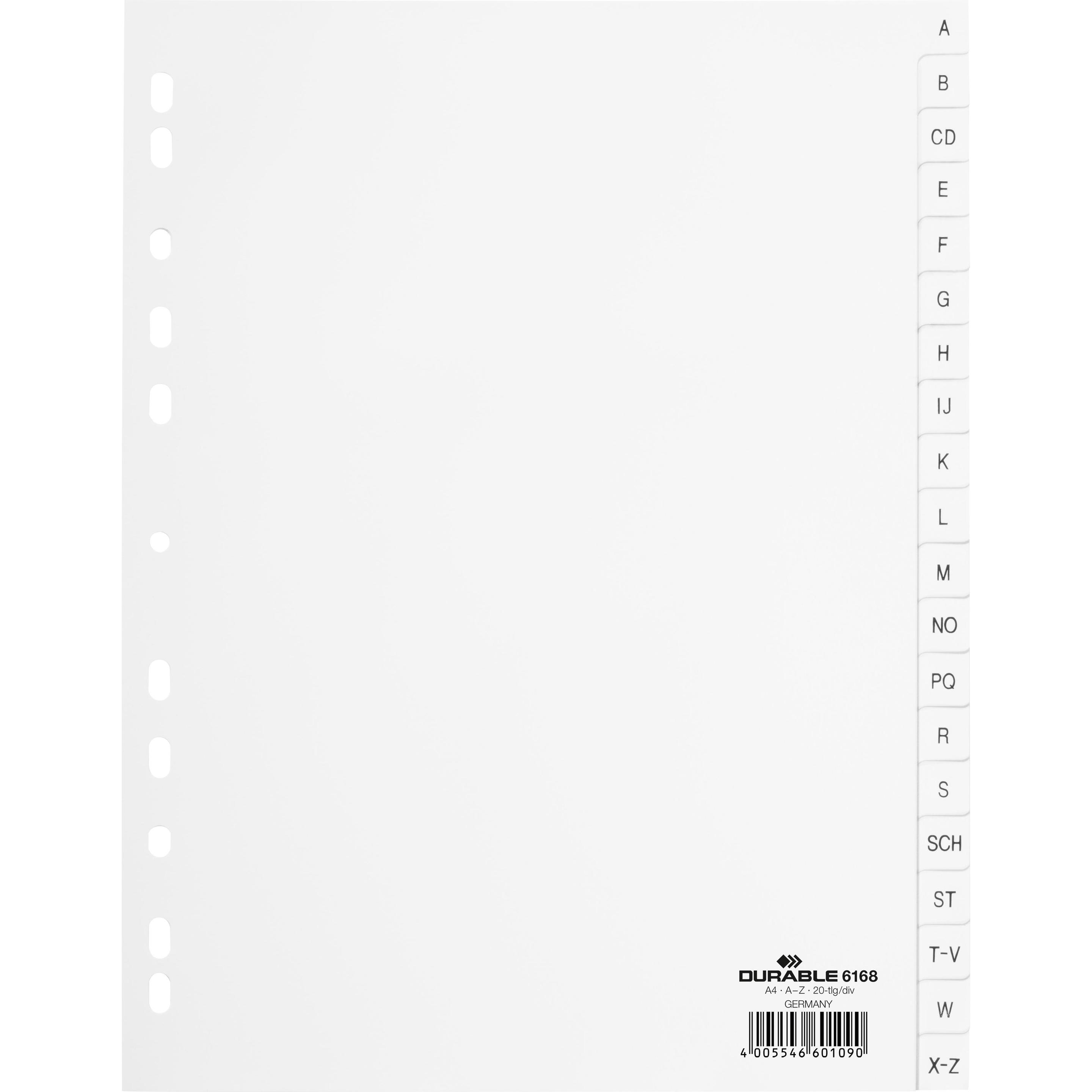 Durable, Ordner Zubehör, Kunststoff-Register, A-Z, A4, PP, 20-teilig, weiá