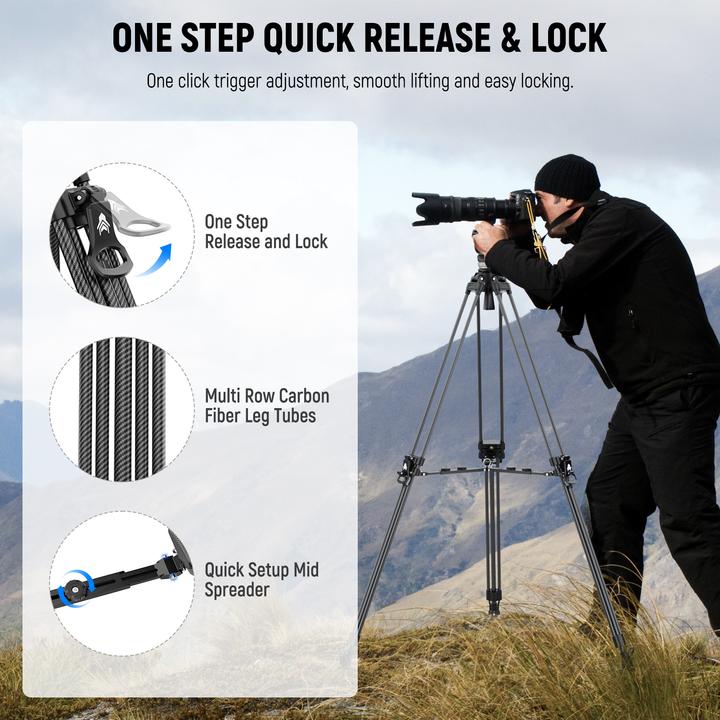 Actual product image Neewer Carbon Fiber One-Step Video Tripod With Adjustable Damping Fluid Head (Carbon)