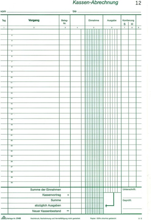 Nährwerte und Zutaten Rnk Verlag Kassenbericht Formularbuch 3149 (50 x)