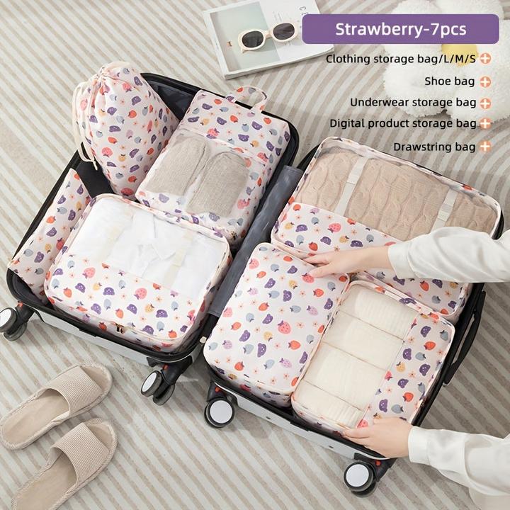 Produktbild Only-Bags.Store 7 Stück Reiseverpackungswürfel mit Obstdruck, tragbare Mesh-Kleidungsaufbewahrungstasche