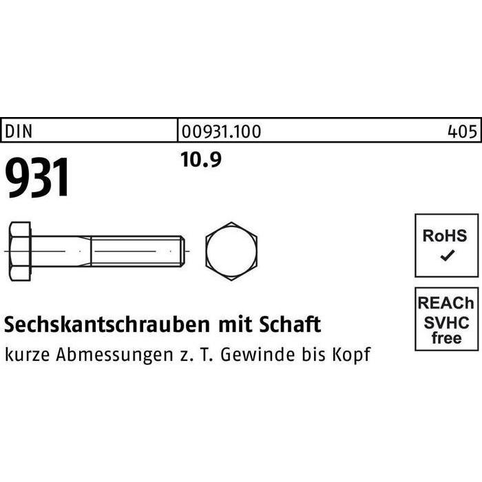 Schrauben, Sechskantschraube DIN 931 m.Schaft M 22 x 220 10.9 (10 Schrauben pro Stück)