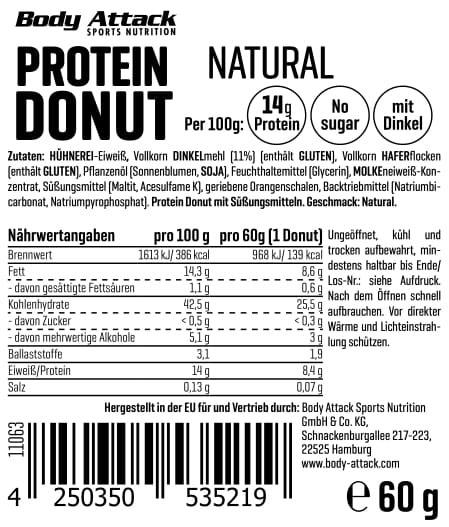 Nährwerte und Zutaten Body Attack Protein Donut (60g) (Schoko, 1 Stk., 60 g)