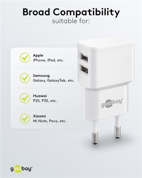 Immagine prodotto Goobay Caricabatterie doppio USB 2,4 A - Alimentatore USB con 2 uscite USB - bianco (12 W)