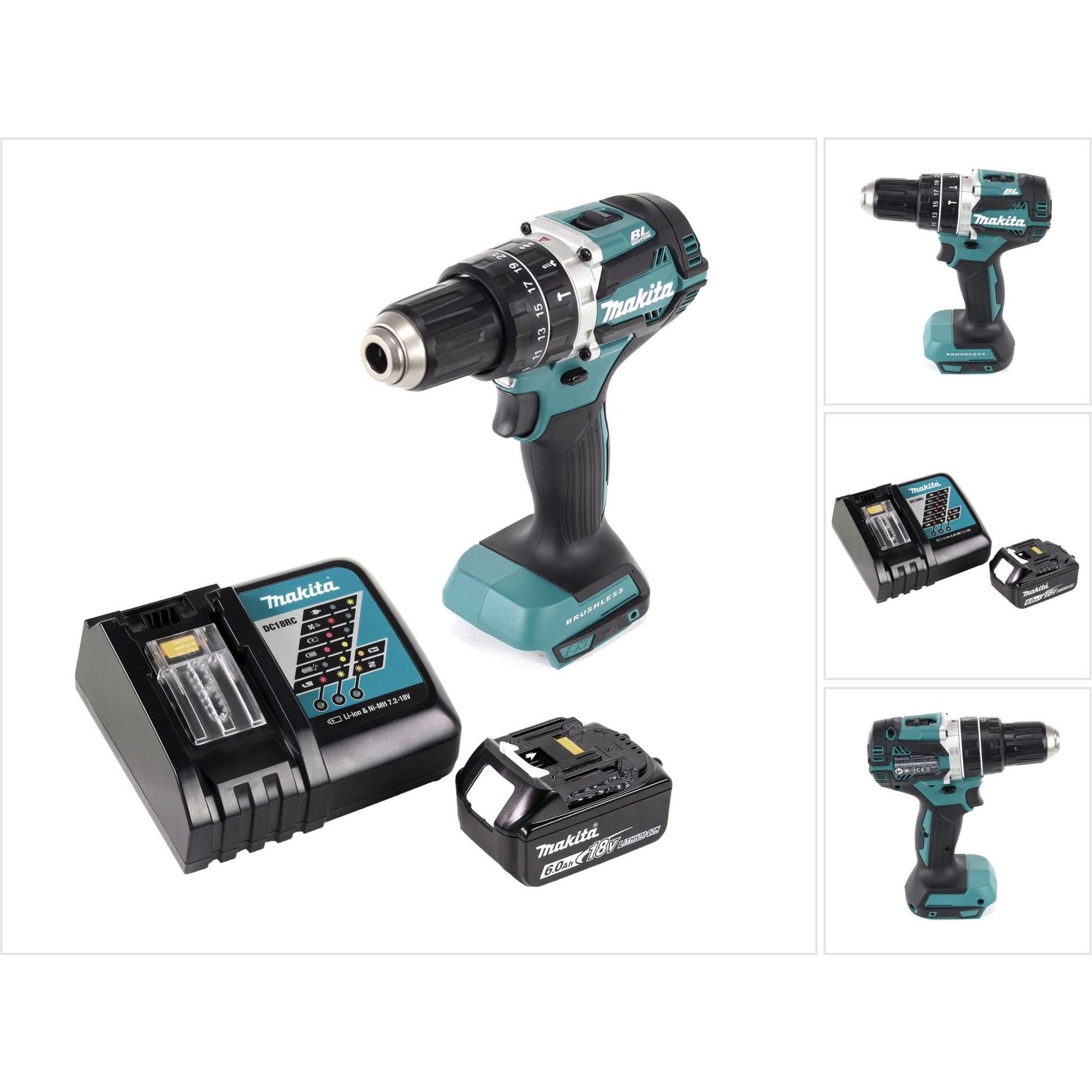 Makita, Bohrmaschine + Akkuschrauber, DHP 484 RG1 Akku Schlagbohrschrauber 18 V 54 Nm Brushless + 1x Akku 6,0 Ah + Ladeg...