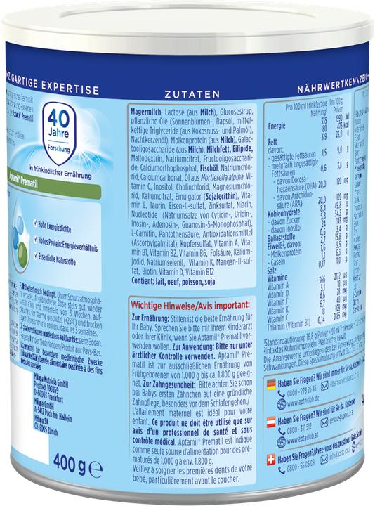 Nährwerte und Zutaten Aptamil Prematil (400 g, ab Geburt)