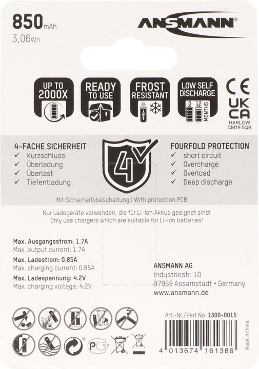 Actual product image Ansmann Akku 16340, RCR123, CR123A mit USB-C Ladebuchse (850 mAh)