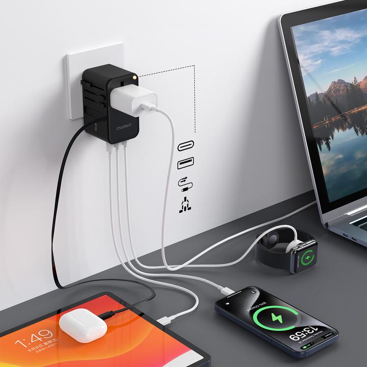 Produktbild Choetech PD5021 45W EU/US/AUS/UK Travel Adapter with Built-in USB-C Cable - Black