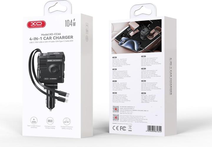 Actual product image xO car charger CC66 104W 1x USB 1x USB-C black with cable USB-C and cable Lightning
