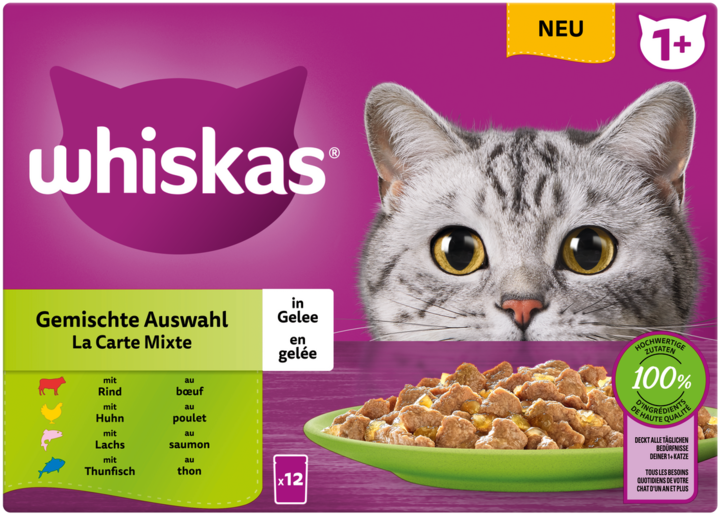 Produktbild Whiskas Frischebeutel 85g Gemischte Auswahl in Gelee 1+ 12-Pack (Adult, 4 Stk., 1020 g)