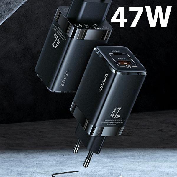 Actual product image Usams Ład. siec. T41 USB-C+USB GaN 47W PD+QC (only head) Fast Charging czarny/black CC137TC01 (US-CC (47 W, 2 ports)