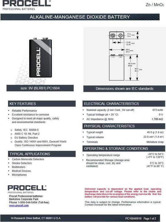 Valori nutrizionali e ingredienti Duracell Pile Procell (10 pz., 9V Block, 673 mAh)