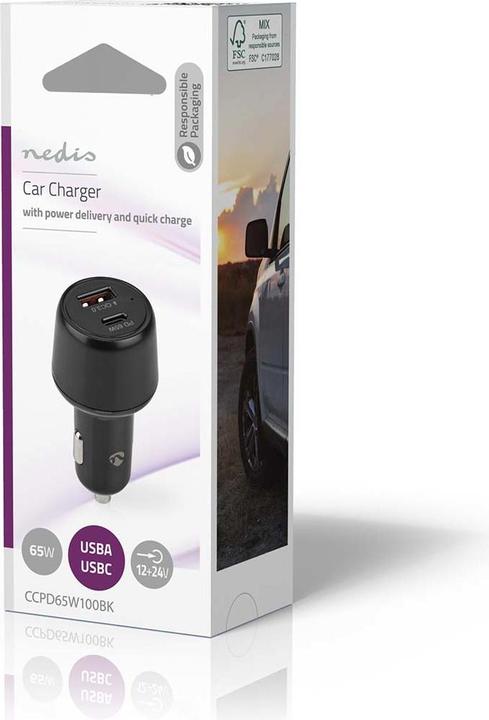 Actual product image Nedis Car charger 65 W 2.0 3.0 3.25 A - Number of outputs: 2, Port type: USB-A / USB-C™, Automa