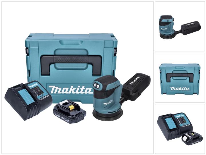 1x Makita DBO 180 Akku Exzenterschleifer, 1x Schleifpapier, 1x Staubsammelaufsatz, 1x Makita BL 1815 N Akku 18 V 1,5 Ah, 1x Makita DC 18 SD Akku Ladegerät, 1x Makita Makpac, 1x Universaleinlage