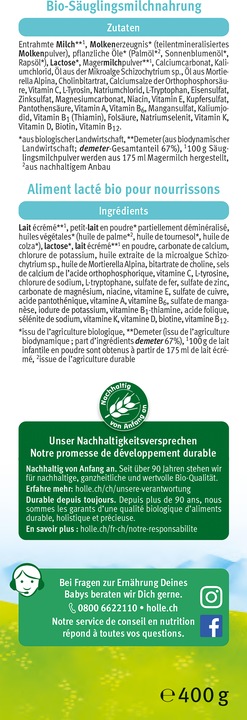 Nutritional values and ingredients Holle Bio-Anfangsmilch PRE (neu) (400 g, from birth)