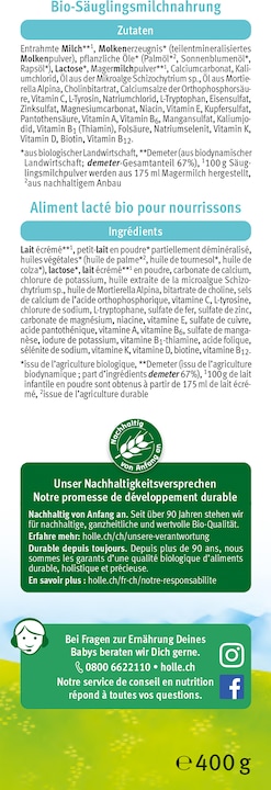 Valori nutrizionali e ingredienti Holle Bio-Anfangsmilch PRE (neu) (400 g, dalla nascita)