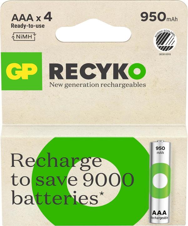 Immagine prodotto GP Batteries Batteria ricaricabile GP ReCyko, formato AAA, 950 mAh, confezione da 4 pezzi (4 pz., AAA, 950 mAh)