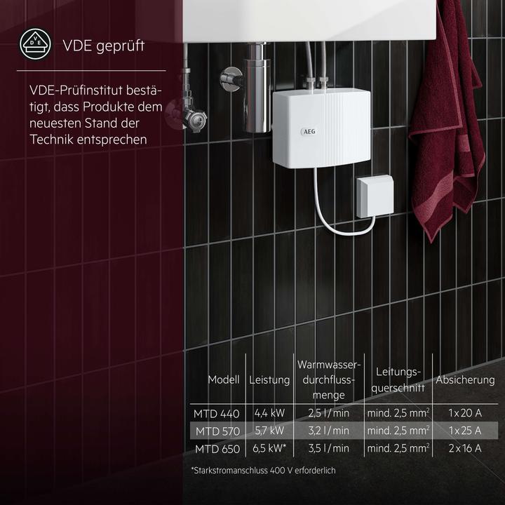 Actual product image AEG Haustechnik MTD 570 Small instantaneous water heater for hand basin, guest WC, 5.7 kW, fixed connection 230 V
