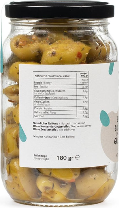 Immagine prodotto Delinio Olive verdi biologiche grigliate, marinate con spezie, senza nocciolo (350 g)