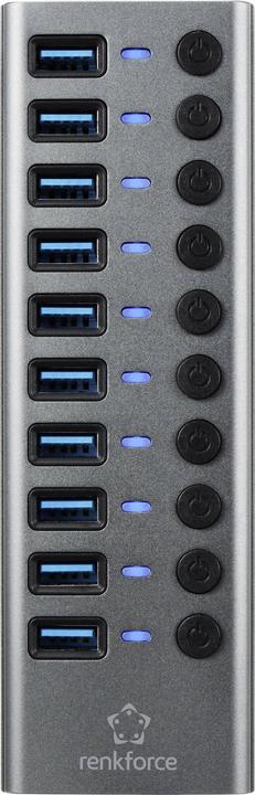 Image du produit Renkforce Commutateur 10 ports USB 3.2 Gen 1 + Hub (USB 3.0) avec boîtier aluminium Argent-Noir (USB-B, USB-C, 10 ports)