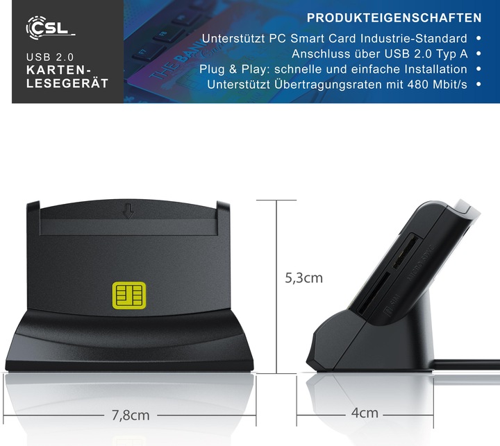 Actual product image CSL USB memory card reader, chip card reader, smart card reader, card reader, SIM cards, SD, micro SD (USB)