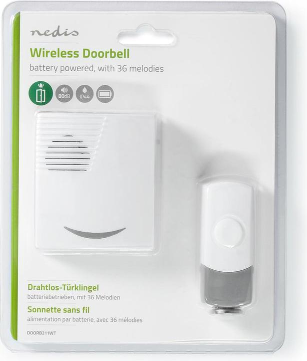 Actual product image Nedis DOORB211WT Radio Bell Set Battery Operated 3V DC 2X AA 1x CR2032 Batteries Included Loudness (Funk)