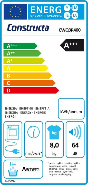 Label énergétique Constructa CWQ3R400 (8 kg, Droite)