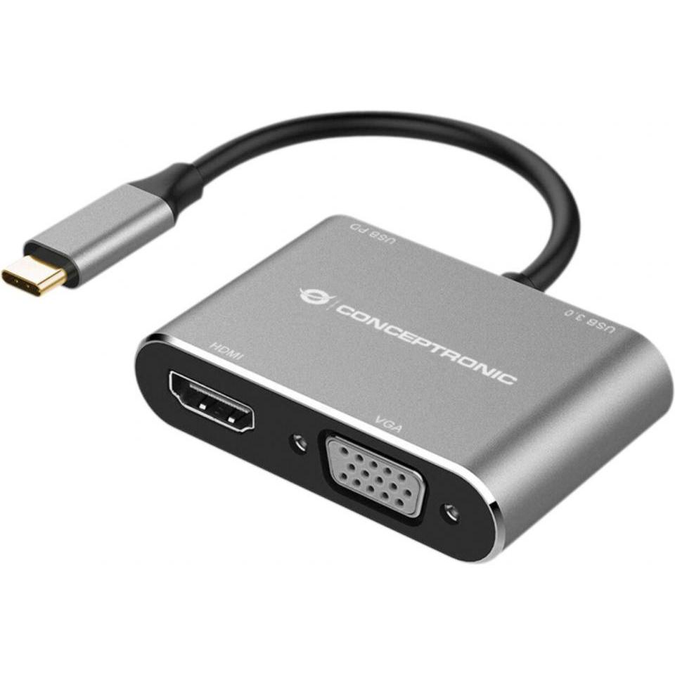 Conceptronic Dock USB-C ->HDMI,VGA,USB3.0,100WPD 0.15m gr (USB-C, 4 Ports), Dockingstation + USB Hub, Grau
