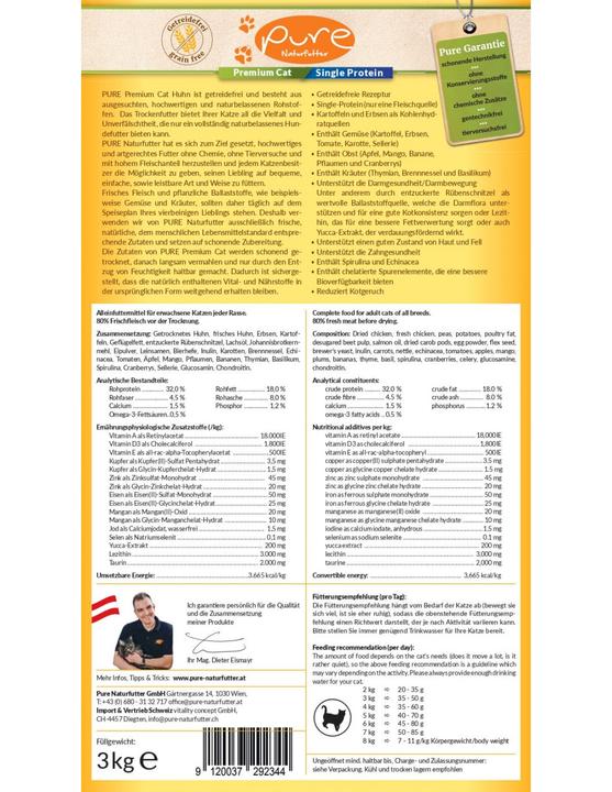 Nutritional values and ingredients Pure Naturfutter Premium Cat single protein grain-free chicken (Adult, 1 pcs., 3000 g)