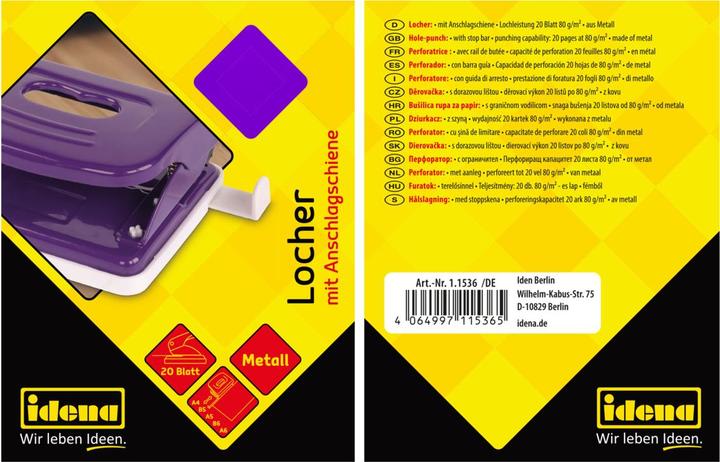 Produktbild Idena Locher aus Metall lila für 20 Blatt