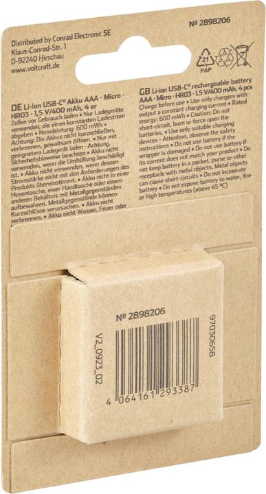 Produktbild Voltcraft VC-AAA400USB USB-C® Akku Micro (AAA) aufladbar über USB-C® Li-Ion 1.5 (4 Stk., AAA, 400 mAh)