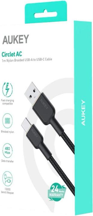 Productafbeelding Aukey CB-NAC1 USB-C Type-C Power Delivery PD 60W 3A 1m Nylon Zwart (1 m, USB 3.0, 60 W)