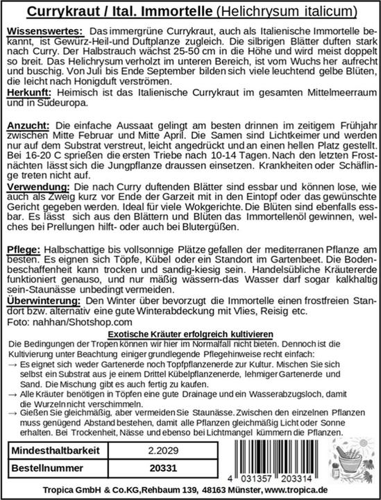 Nährwerte und Zutaten Tropica Currykraut Helichrysum italicum (Kräutersamen)