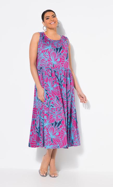 Produktbild Ulla Popken Jersey-Midikleid, Blüten, gekräuselter Rundhals, ärmellos (46, 48)