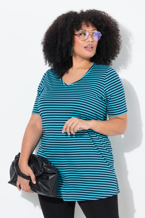 Immagine prodotto Ulla Popken Maglia dal taglio lungo e svasato con righe, scollo a V e mezze maniche (58)