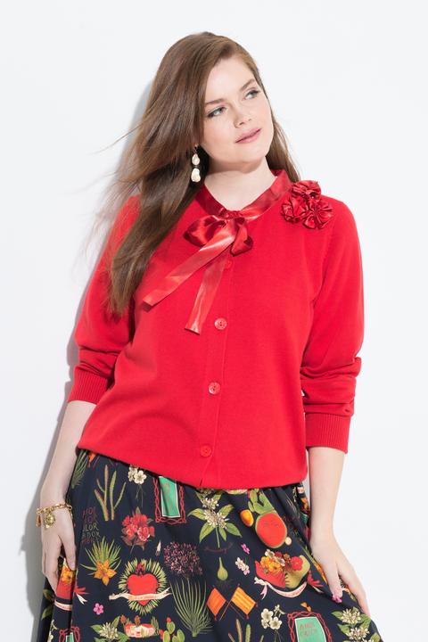 Immagine prodotto Ulla Popken Cardigan con fiori di raso, scollo a girocollo e maniche lunghe (50, 52)