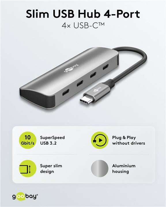 Actual product image Goobay Slim 4-Port USB-C Hub Schwarz-Grau (USB-C, 4 ports)