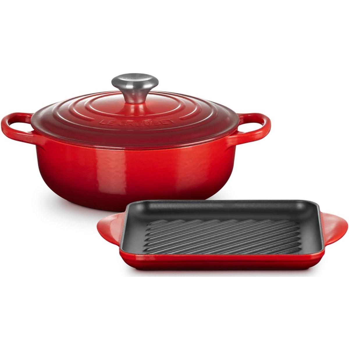 Le Creuset Lage Braadpan 24cm & Grillplaat 24cm Signature Kersenrood, Padella + Pentola, Rosso