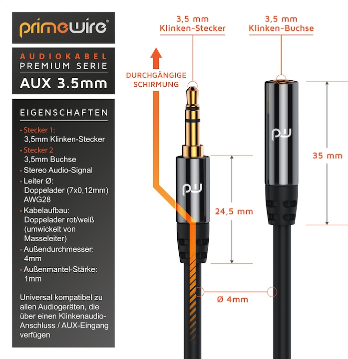 Produktbild Primewire 3,5mm Klinke Audio Kabel, AUX, HiFi Audio Klinkenkabel / Verlängerungskabel (3 m, 3.5mm Klinke (AUX))