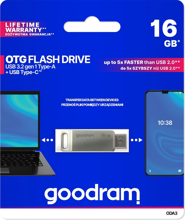 Actual product image Goodram ODA3 USB Flash Drive USB Type-A / USB Type-C 3.2 Gen 1 (3.1 Gen 1) (16 GB, USB 3.2, USB-A, USB-C)