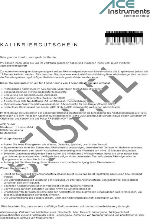 Produktbild Ace 100082 Kalibrier-Gutschein