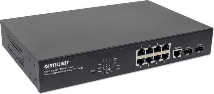 Actual product image Intellinet 8Port Gigabit Ethernet WebManaged PoE Switch SFPPorts Endspan Desktop 19 Rackmount (8 Ports)