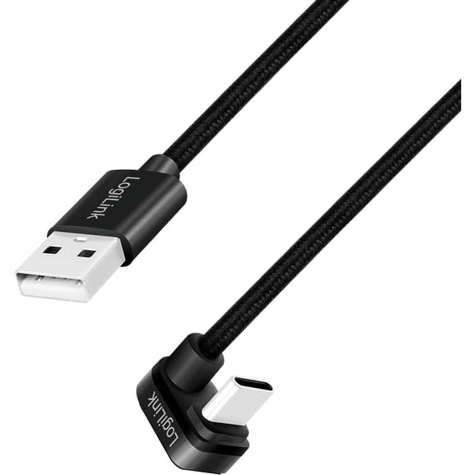 LogiLink USB 2.0 Type-C-Kabel, C/M 180° zu USB-A/M, Alu, schwarz, 2 m (2 m, USB 2.0), USB Kabel