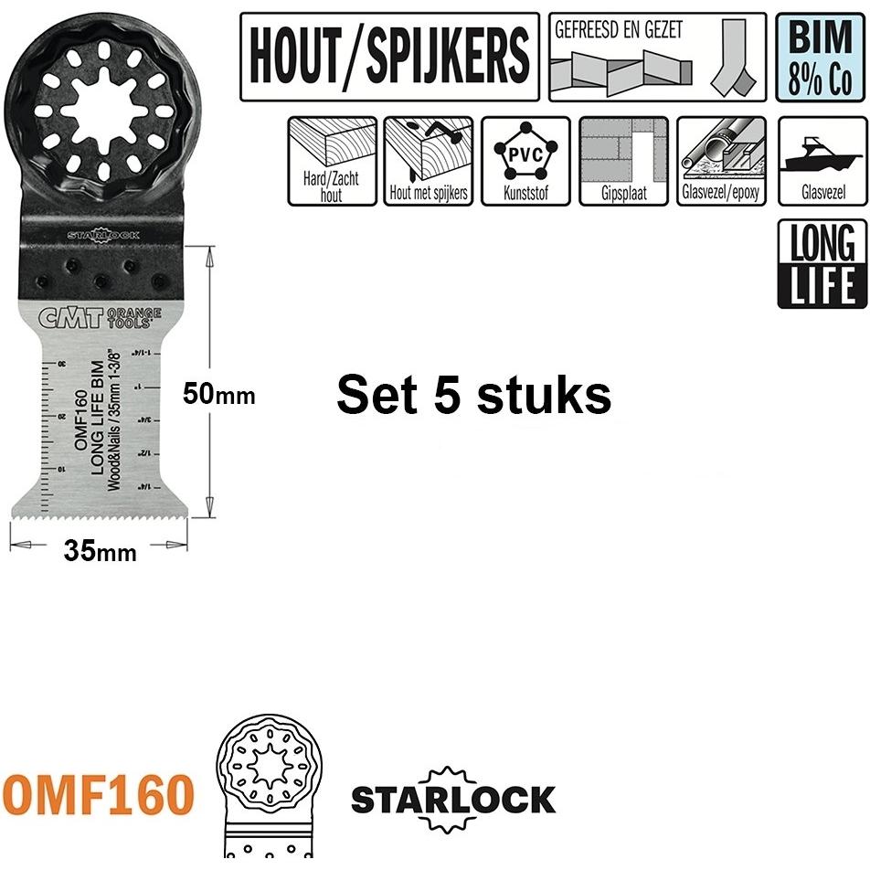 CMT, Lama, OMF160-X5 Multitool Sägeblatt für Holz mit Nägeln 35 mm 5 Stück