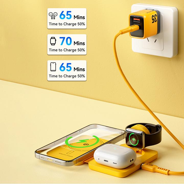 Actual product image Wekome 3in1 wireless charger with MagSafe for iPhone, Apple Watch and AirPods + mirror (yellow)
