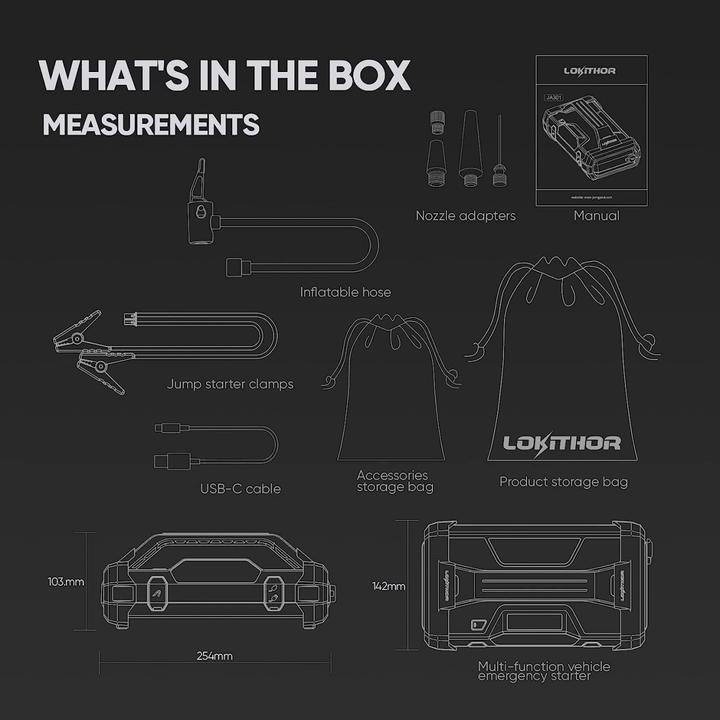 Actual product image Lokithor Jump starter and air pump (2000 A, 20000 mAh)